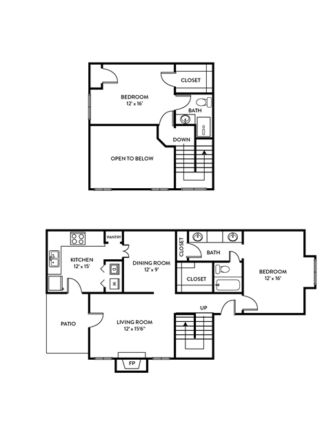 Heritage floor plan, 2-story, 2bed, 2bath, 1309sf, Chisholm Place Apartments in Plano, TX