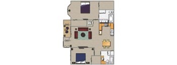 A floor plan of a house with a kitchen, living room, and two bedrooms.