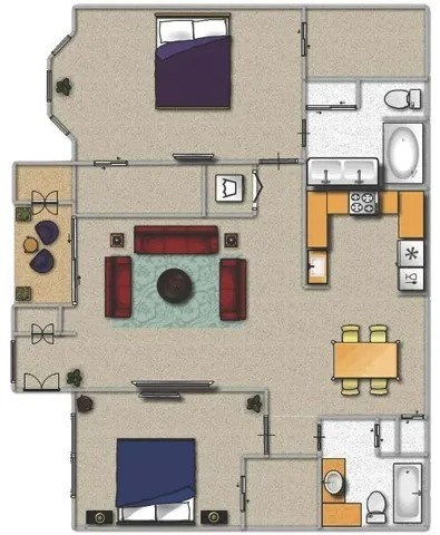 A floor plan of a house with a kitchen, living room, and two bedrooms.