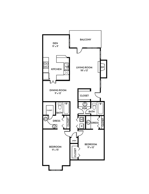 Legacy floor plan, 2 bed, 2 bath, 1421sf, Chisholm Place Apartments in Plano, TX