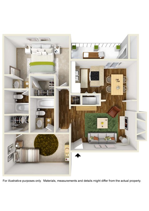 B6 floor plan 3D rendering furnished at Windridge on the Parkway in Dallas, TX