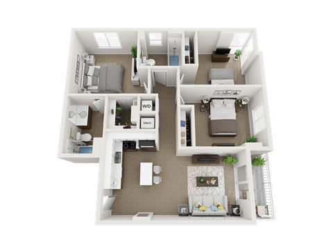 2 bedroom 2 bathroom floor plan F at Blue Lagoon 7, Miami, FL, 33126