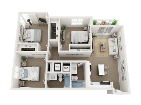 3 bedroom 2 bathroom floor plan at Blue Lagoon 7, Miami, FL