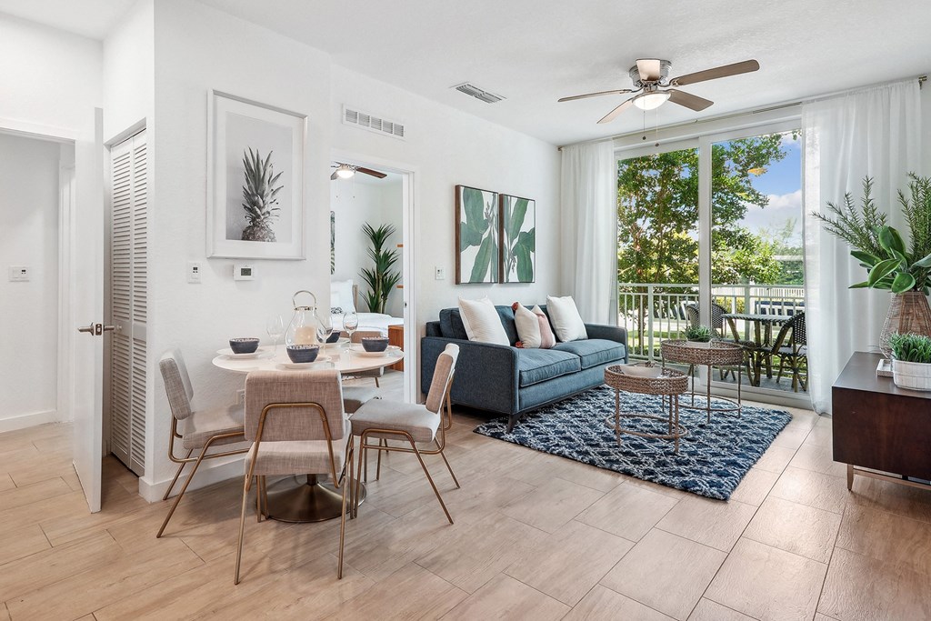 Living and dining room in Blue Lagoon 7 apartments in Miami, FL