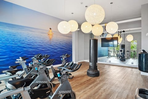 a gym with exercise bikes and a large mural of a woman on a surfboard