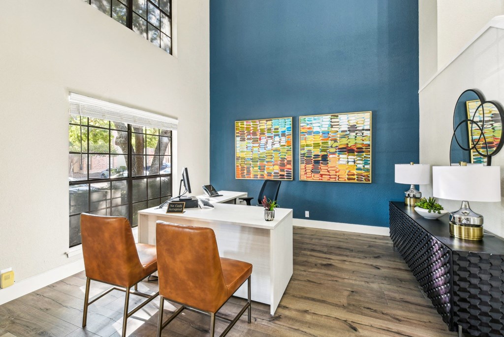 Bright and welcoming leasing office at Bandera Crossing apartments in San Antonio, TX