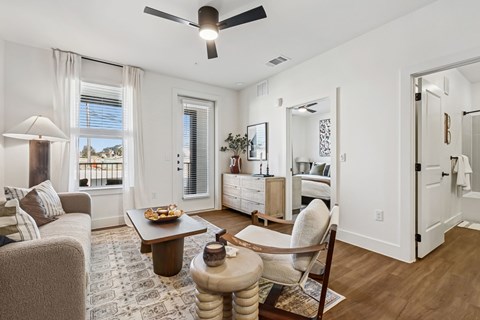 Model unit living room at Chapel Park Apartments in Waco, TX