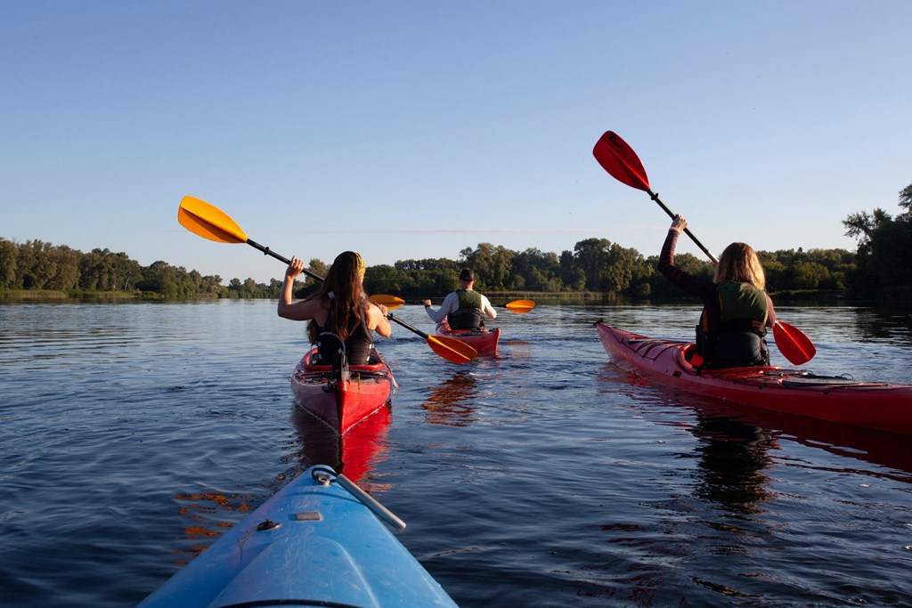 Three people kayaking on a body of water.