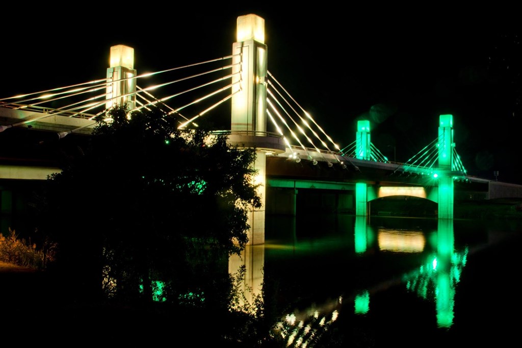 A bridge with lights on it at night.