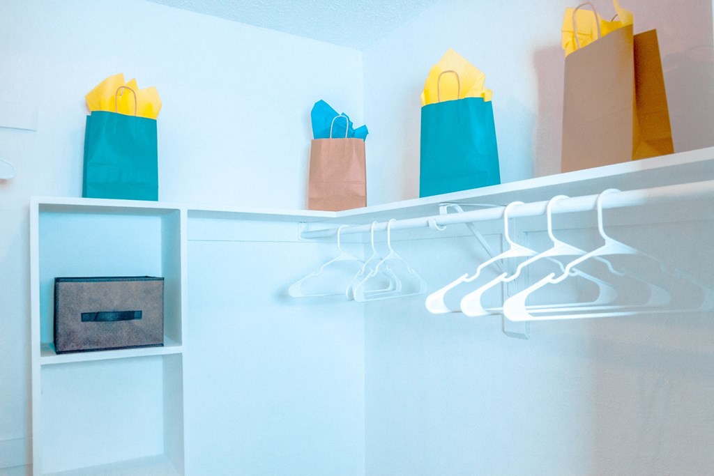 Bedroom walk-in closet with built-in shelves at Chisholm Place Apartments in Plano, TX