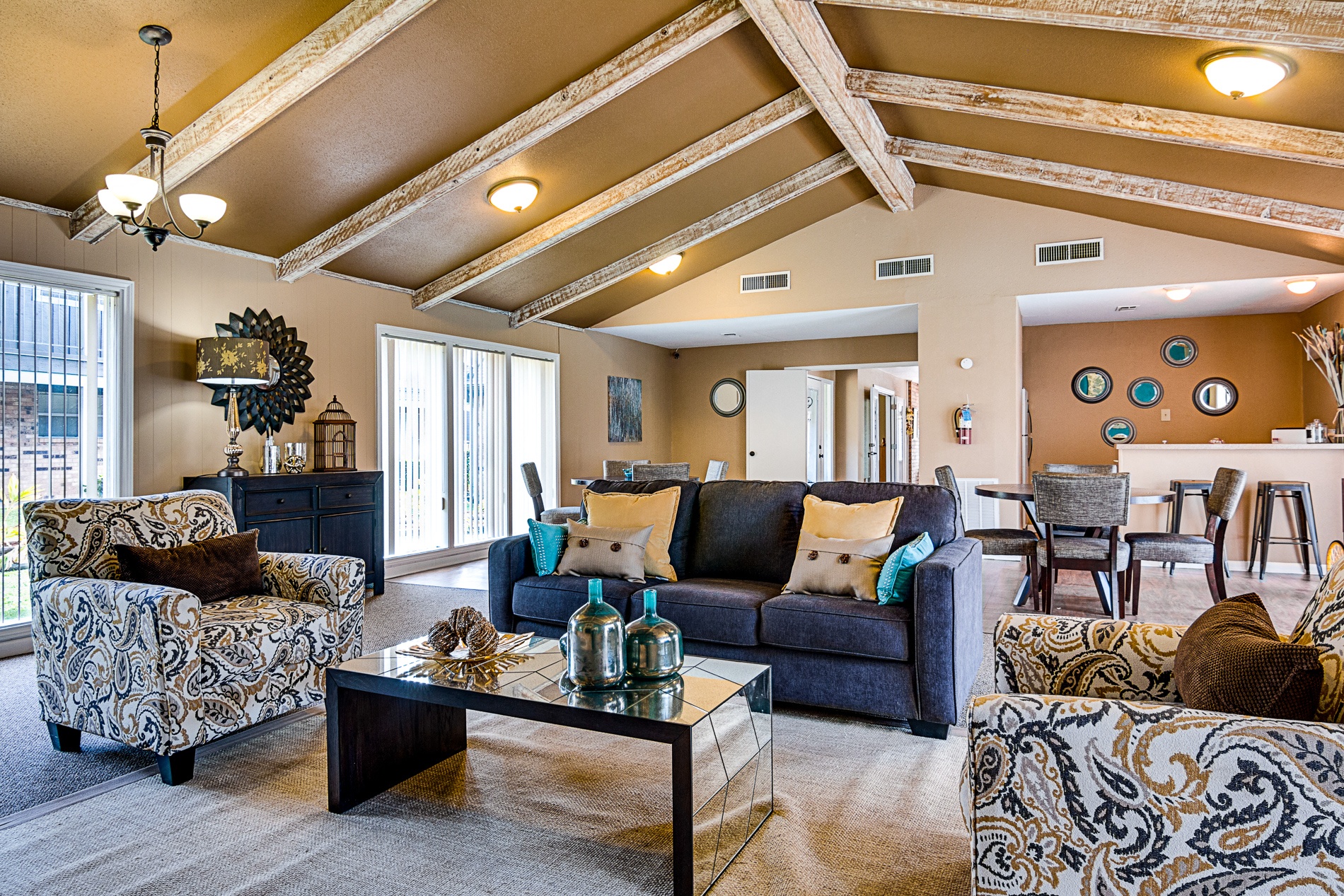 a living room with couches and a coffee table