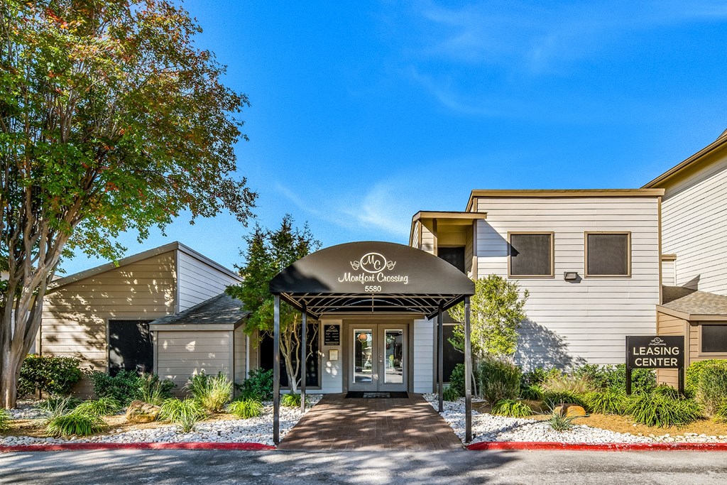 the entrance to the leasing center at the enclave apartments