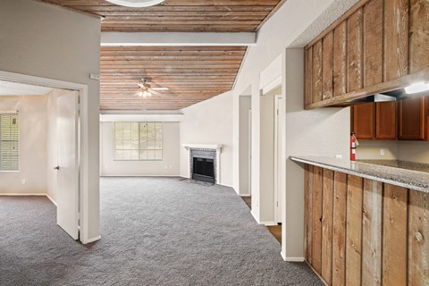 a living room with a fireplace and a kitchen