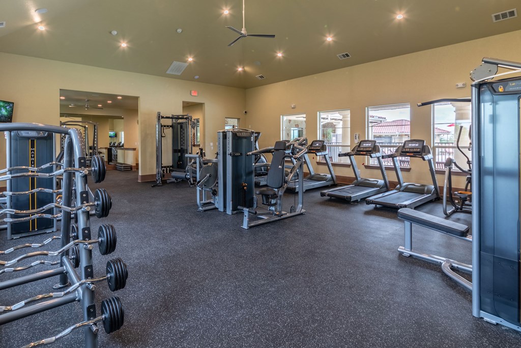 spacious gym with cardio equipment and weights at theamia apartments