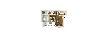 3D rendering furnished of D5 floor plan, 2bed, 2bath and 801sqft, at Windridge on the Parkway in Dallas, TX