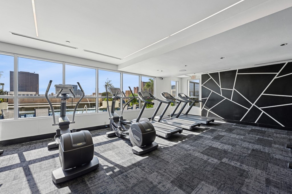 Our gym with treadmills and elliptical machines at Dominion Post Oak apartments in Houston, TX