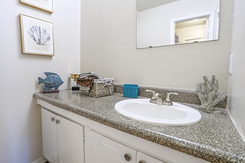 A bathroom with a white sink and a mirror above it at The Drake in Bossier City, LA