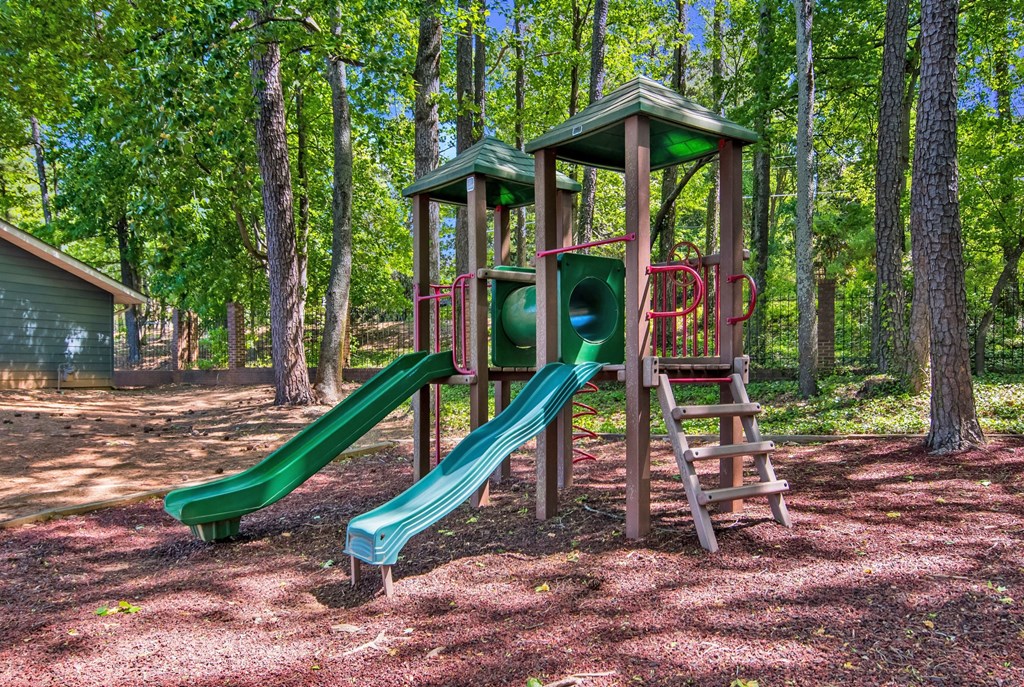 a playground with two slides and a ladder in a wooded area at Dunwoody Pointe in Sandy Springs, GA