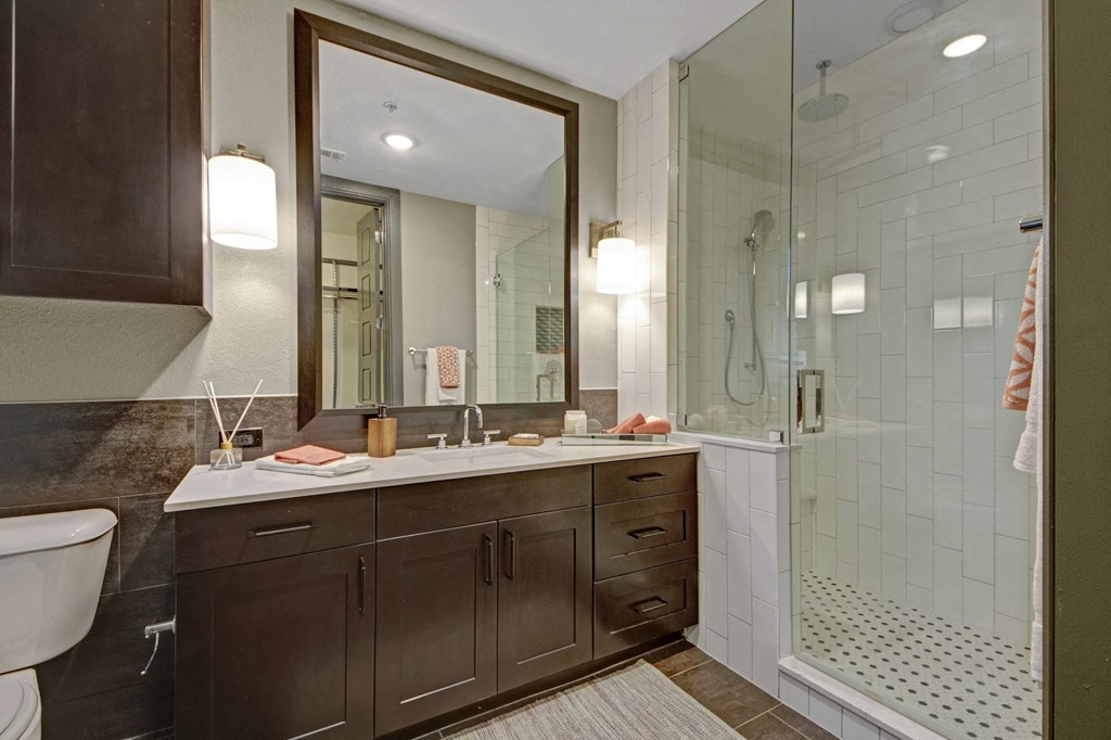 Walk-in Showers with built-in bench and glass enclosure, rainfall, handheld and standard showerheads at The Case Building, Dallas, TX