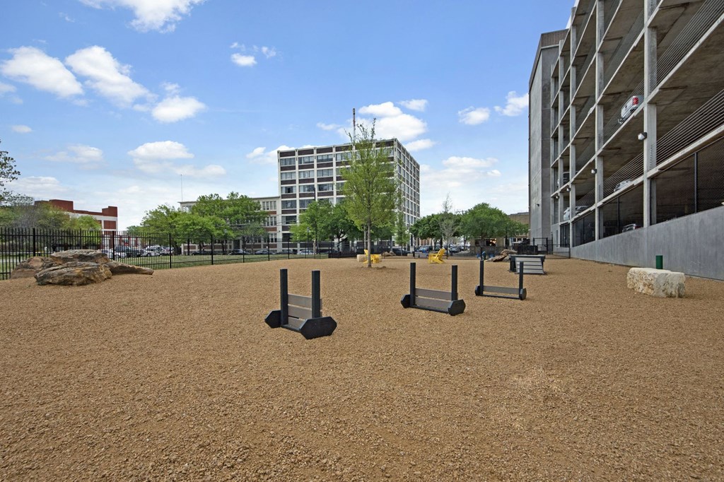 Hurdles for pets in bark park at The Case Building, Texas, 75226