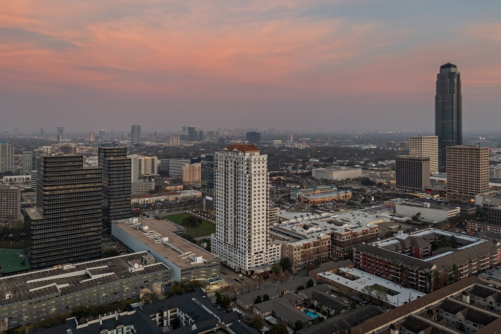 an aerial view of Dominion Post Oak at sunset in Houston, TX