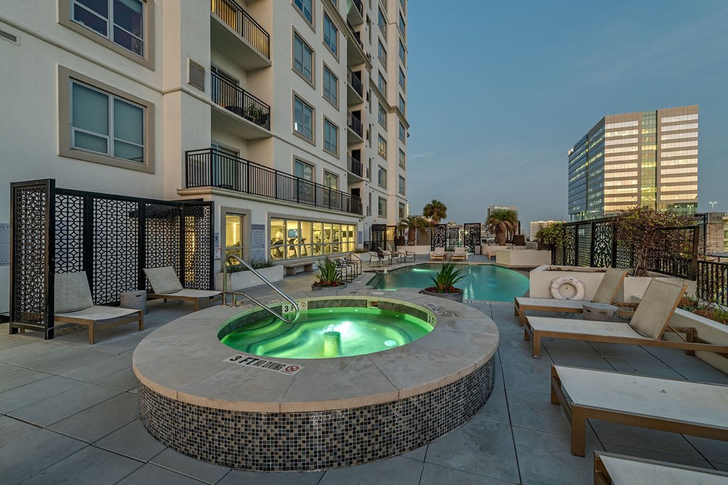 Pool dusk view at Dominion Post Oak in Houston, TX