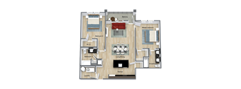A floor plan of a house with two bedrooms, a living room, a kitchen, a laundry room, a bathroom, and a balcony.