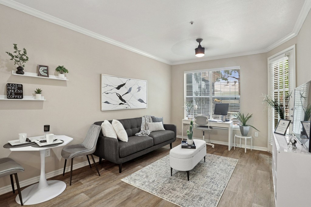 Windsor living room with a sofa, rug, and large window at Encore at Buckingham Apartments in Richardson, TX