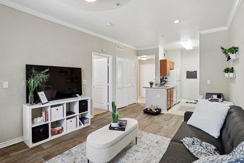Windsor living room with a grey couch and a white coffee table at Encore at Buckingham Apartments in Richardson, TX