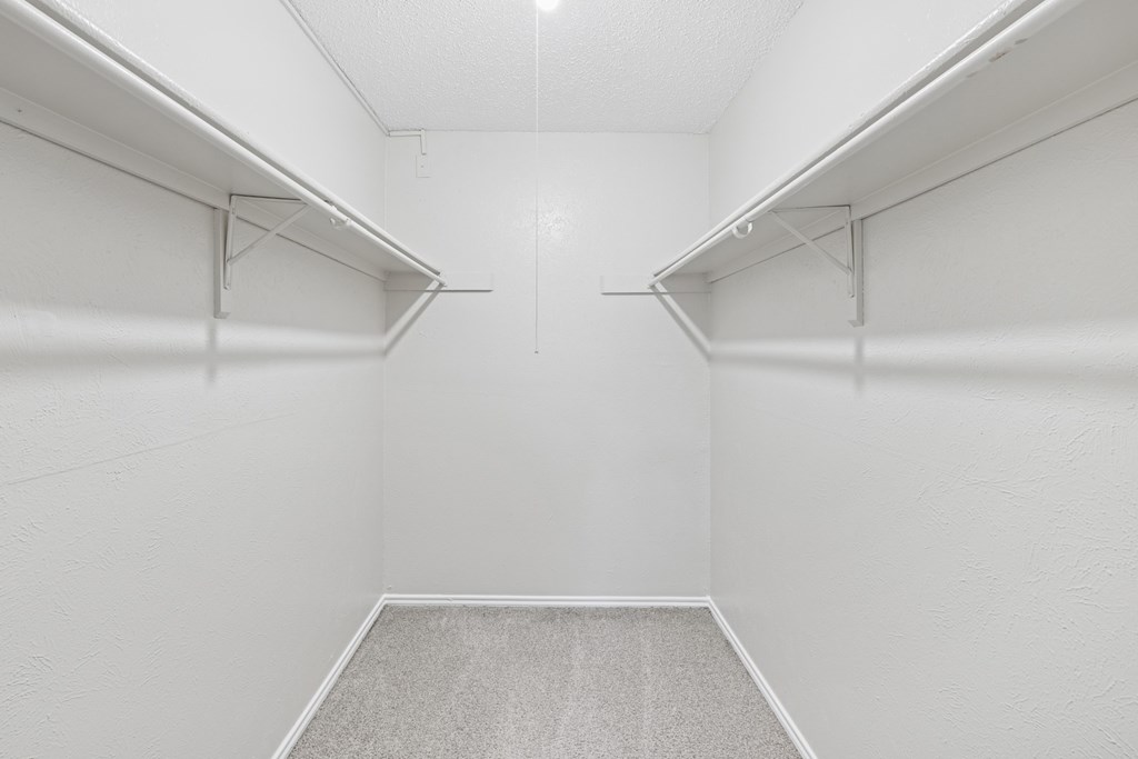 B1 walk in closet with carpeted floor and shelves at Estelle Creek North Apartments in Irving, TX