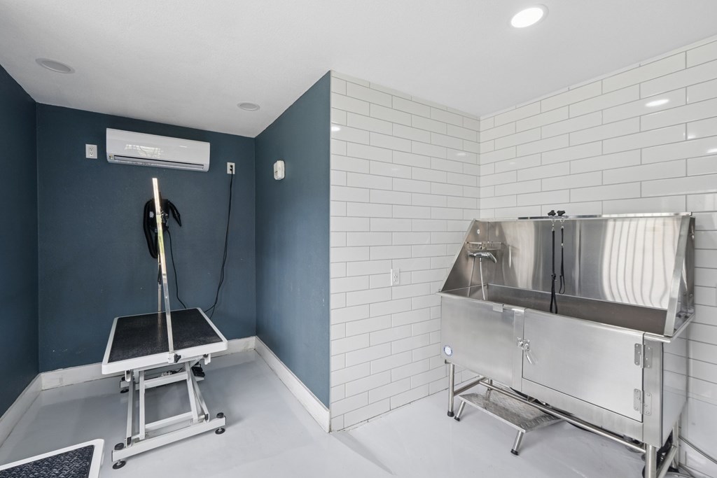 A pet spa area with a tiled wall, raised grooming bench, and a large stainless steel sink at Estelle Creek North Apartments in Irving, TX