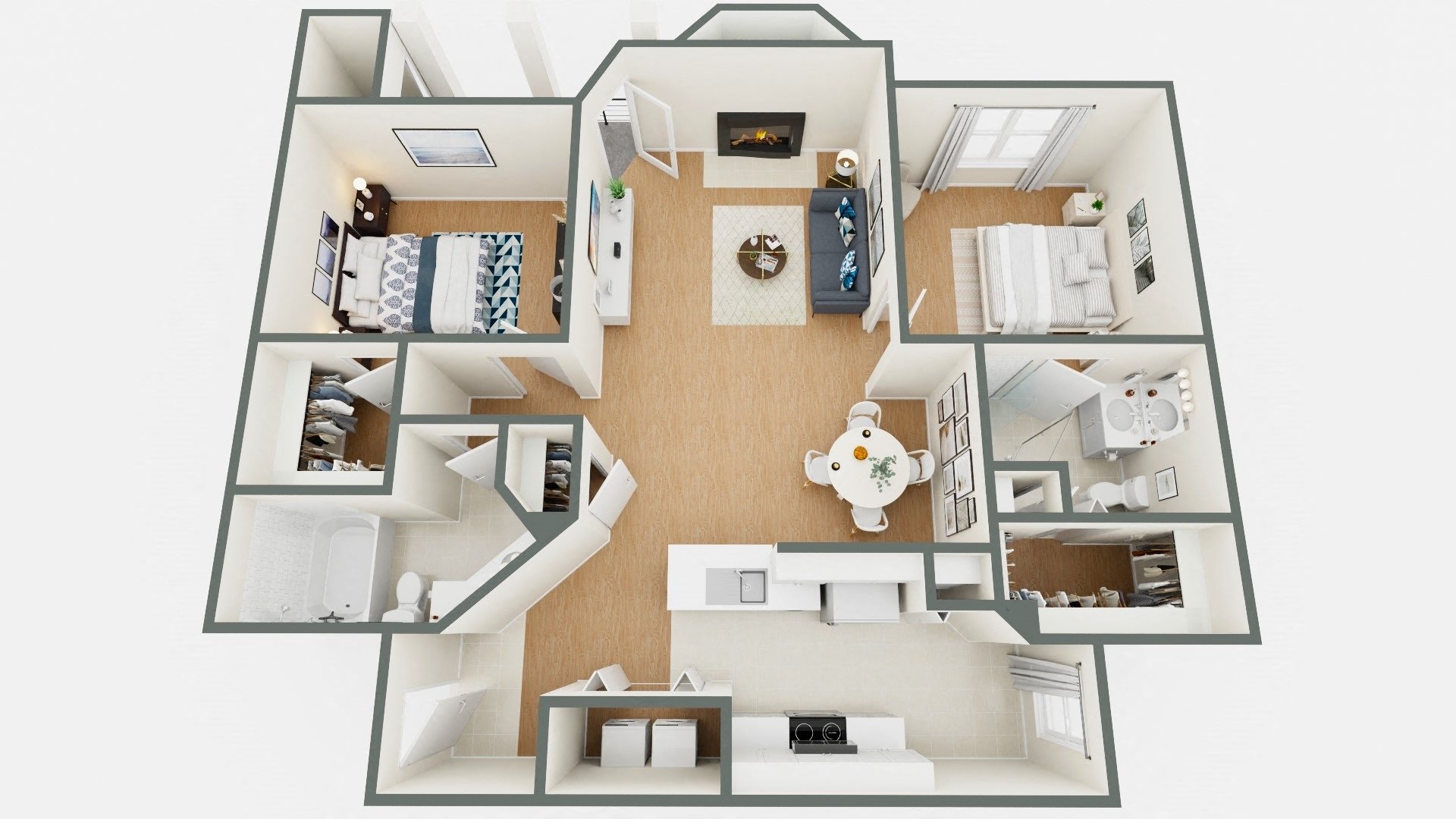 A 3D floor plan of a house with a kitchen, living room, and two bedrooms.