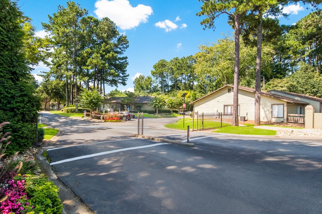 a street in a neighborhood with houses and trees