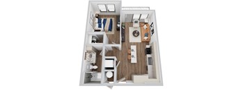 A 3D rendering of A1 floor plan at Era apartments in Denton, TX