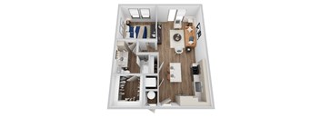 A 3D rendering of A2-1 floor plan at Era apartments in Denton, TX