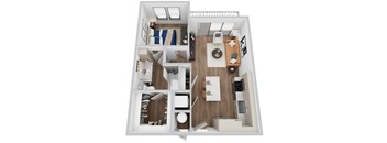 A 3D rendering of A2 floor plan at Era apartments in Denton, TX