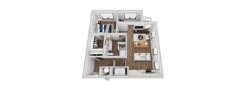 A 3D rendering of A6 floor plan at Era apartments in Denton, TX