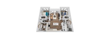 A 3D rendering of B2 floor plan at Era apartments in Denton, TX