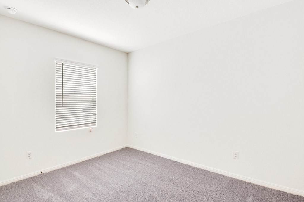 a bedroom with one window, white walls and carpet