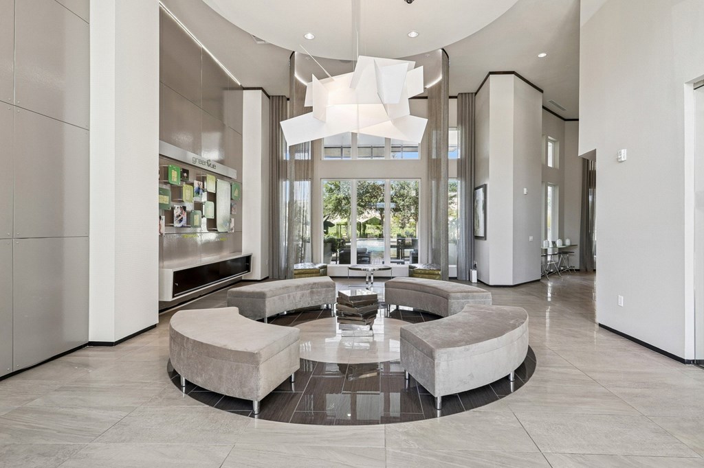 Lobby area with couches at GreenVue apartments in Richardson, TX