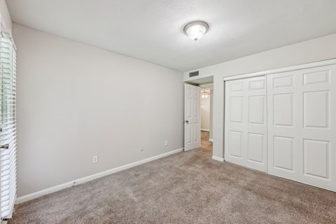 A bedroom with a closet and carpet at Gwinnett Square Apartments in Duluth, GA