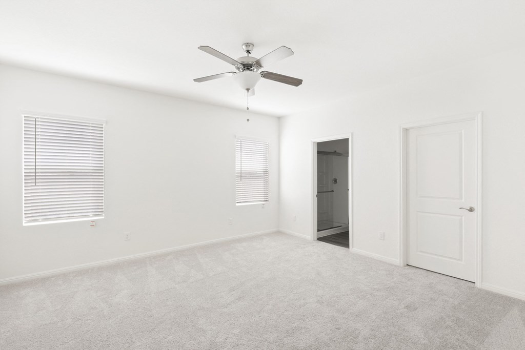 a bedroom with two windows and carpet floor