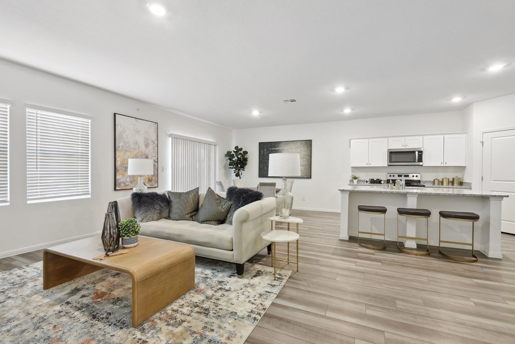 living room with kitchen and modern decorations
