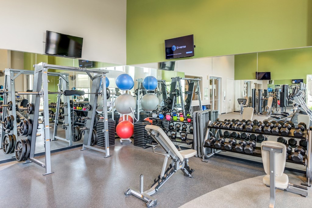 a gym with a lot of weights and cardio equipment