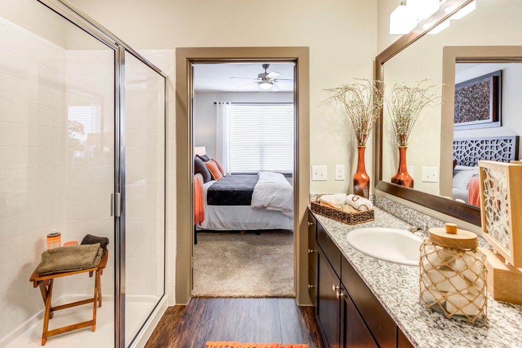 a bathroom with a shower and a sink and a mirror