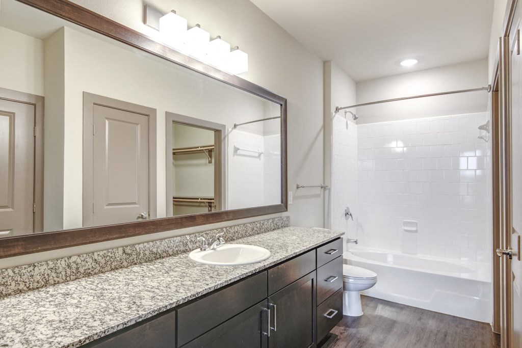 a bathroom with a large mirror and a white sink