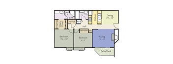 Magnolia floor plan with two bedrooms and 2 bathrooms, 920sqft, at Greensview apartments in Aurora CO