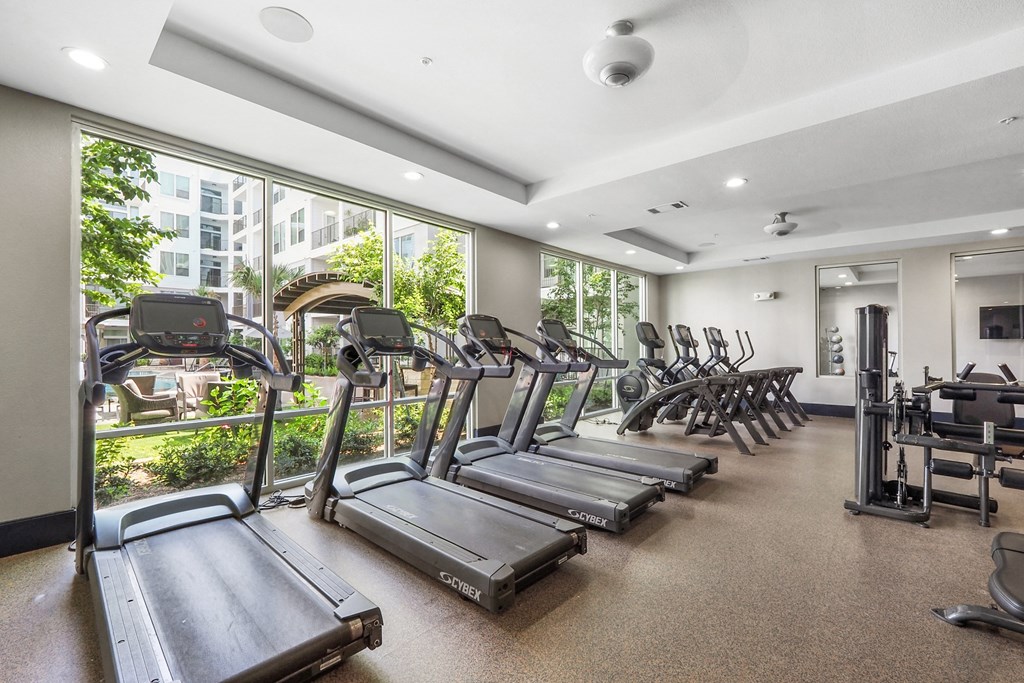 a gym with cardio equipment and large windows at Harlow River Oaks in Houston, TX