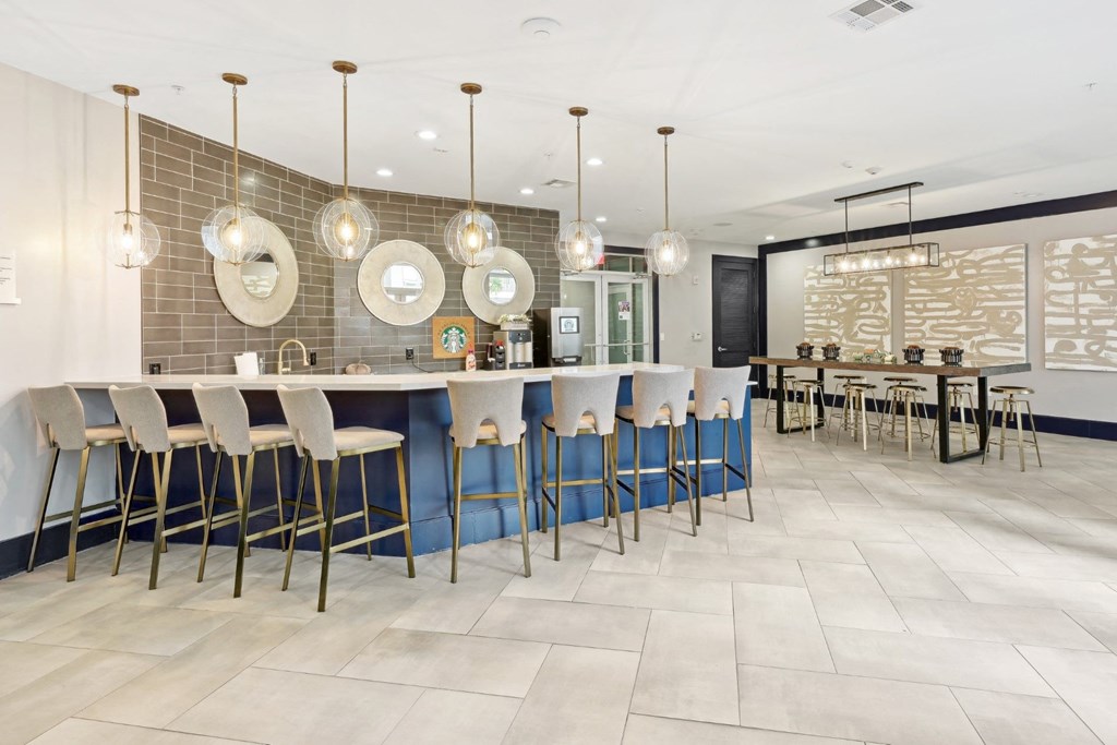 Clubhouse kitchen area with Starbucks coffee at Harlow River Oaks in Houston, TX