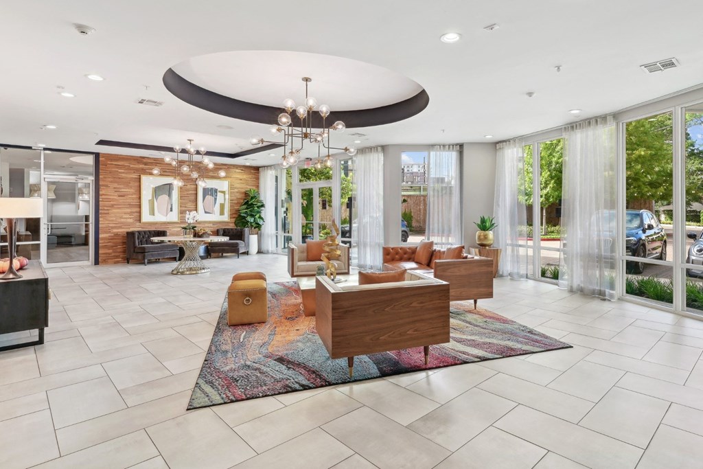 Lobby area and a large chandelier at Harlow River Oaks in Houston, TX